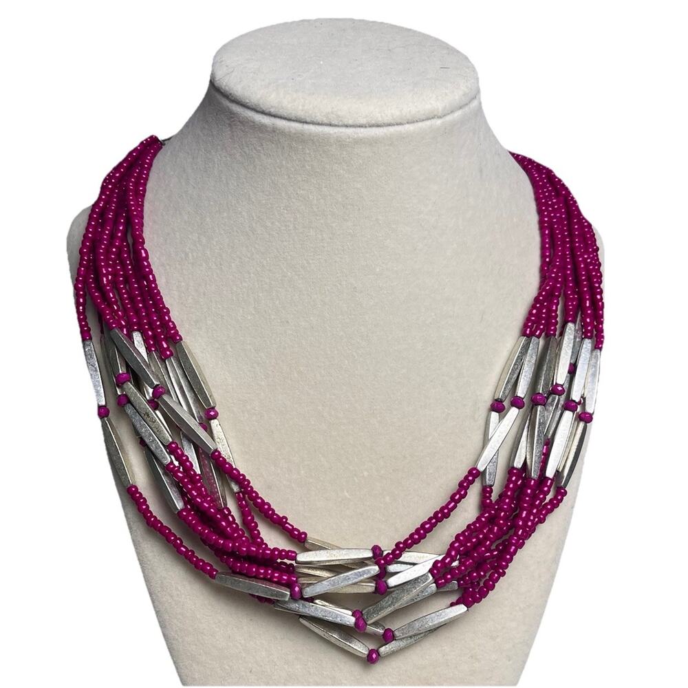 Premier Pink Seed Bead Choker Necklace 7 Strand Silver Tone 16" Vintage Costume